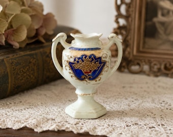 Vintage Miniature Porcelain Vase with Handles – Hand-Painted Gold & Royal Blue Accents – 2.25”
