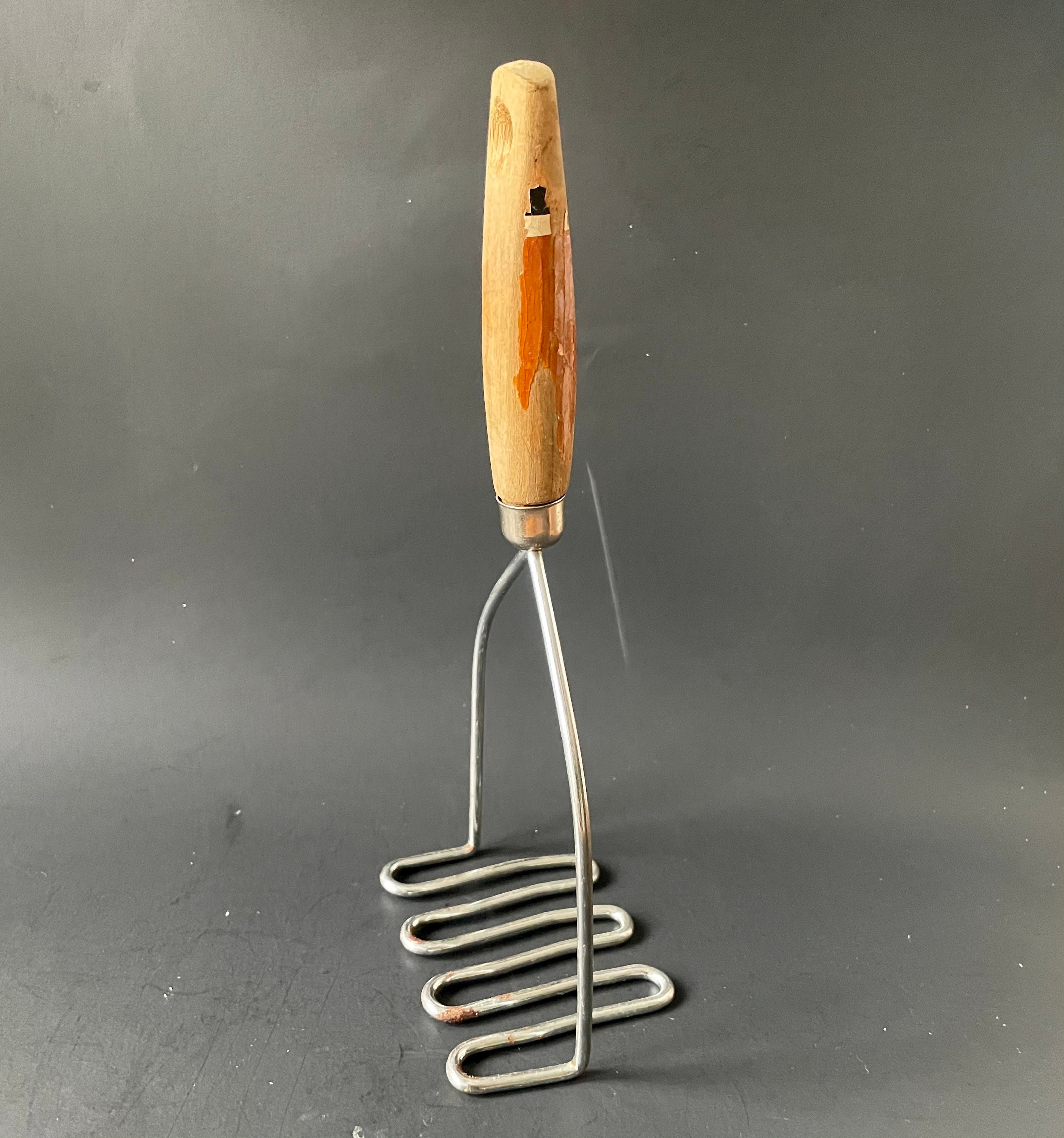 Vintage Potato Masher With Wooden Handle Chipped Paint, Midcentury