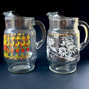 Vintage Glass Pitchers 1950s Floral  – Ice Lip Scroll Design – XL 10&quot; Midcentury Iced Tea or Lemonade Jug – Sold Individually