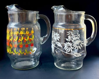 Vintage Glass Pitchers 1950s Floral  – Ice Lip Scroll Design – XL 10&quot; Midcentury Iced Tea or Lemonade Jug – Sold Individually