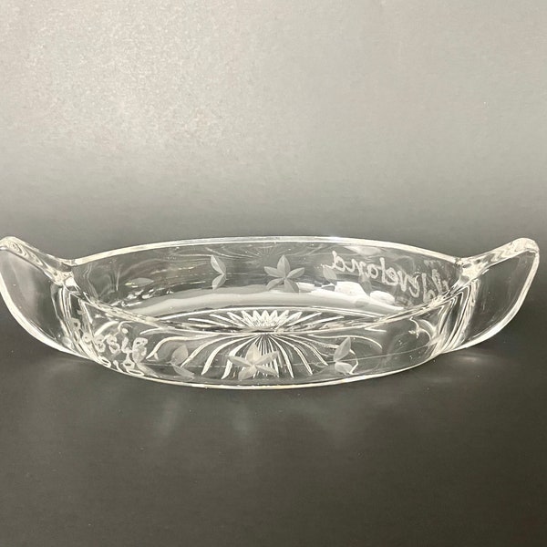 Vintage Relish Glass Dish Canoe shape etched Vintage Crystal bowl decor engraved Bessie 1918 Cleveland Holiday table decor gift for Bessie.