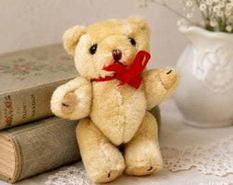 Vintage Teddy Bear, Jointed – 5” Stuffed Animal with Tan Fur & Red Bow – Collectible Plush
