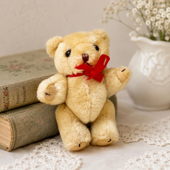 Vintage Teddy Bear, Jointed – 5” Stuffed Animal With Tan Fur & Red