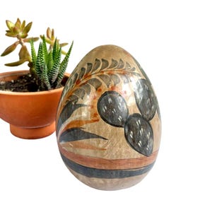 Vintage Tonala Mexican Pottery Egg | Handpainted Bird & Cactus | Folk Art Decor | Bohemian Native Gift