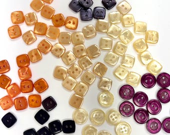 Vintage Pearlized Squared Buttons in White, Orange, Gray and Black -  2 hole Sew Through 1/2 inch buttons, Square and Round - set of 8.