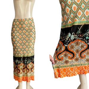 Vintage Handmade Skirt 1970 Psychedelic Floral Pattern size S Orange green black 70s retro women fashion long skirt.