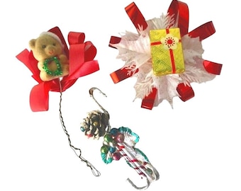 Vintage Foil Ornaments & Teddy Bear Ornament – Lot of 3 Midcentury Christmas Decor in Red, Green, Gold, Silver