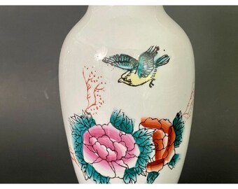 鳥と花が描かれたヴィンテージ中国製花瓶 - アジア風装飾磁器瓶 - 高さ