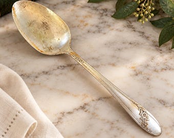 May include: A tarnished silver-plated spoon featuring an elongated oval bowl and a slender handle. The handle is decorated with embossed floral motifs near the base and a subtle scroll pattern where it meets the bowl of the spoon.