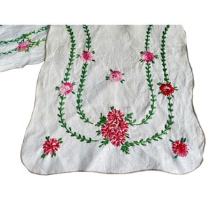 Vintage Hand-Embroidered Table Runner - Pink Flowers & Green Leaves, Scalloped Edges, 38&quot; Linen - Cottagecore Holiday or Kitchen Decor