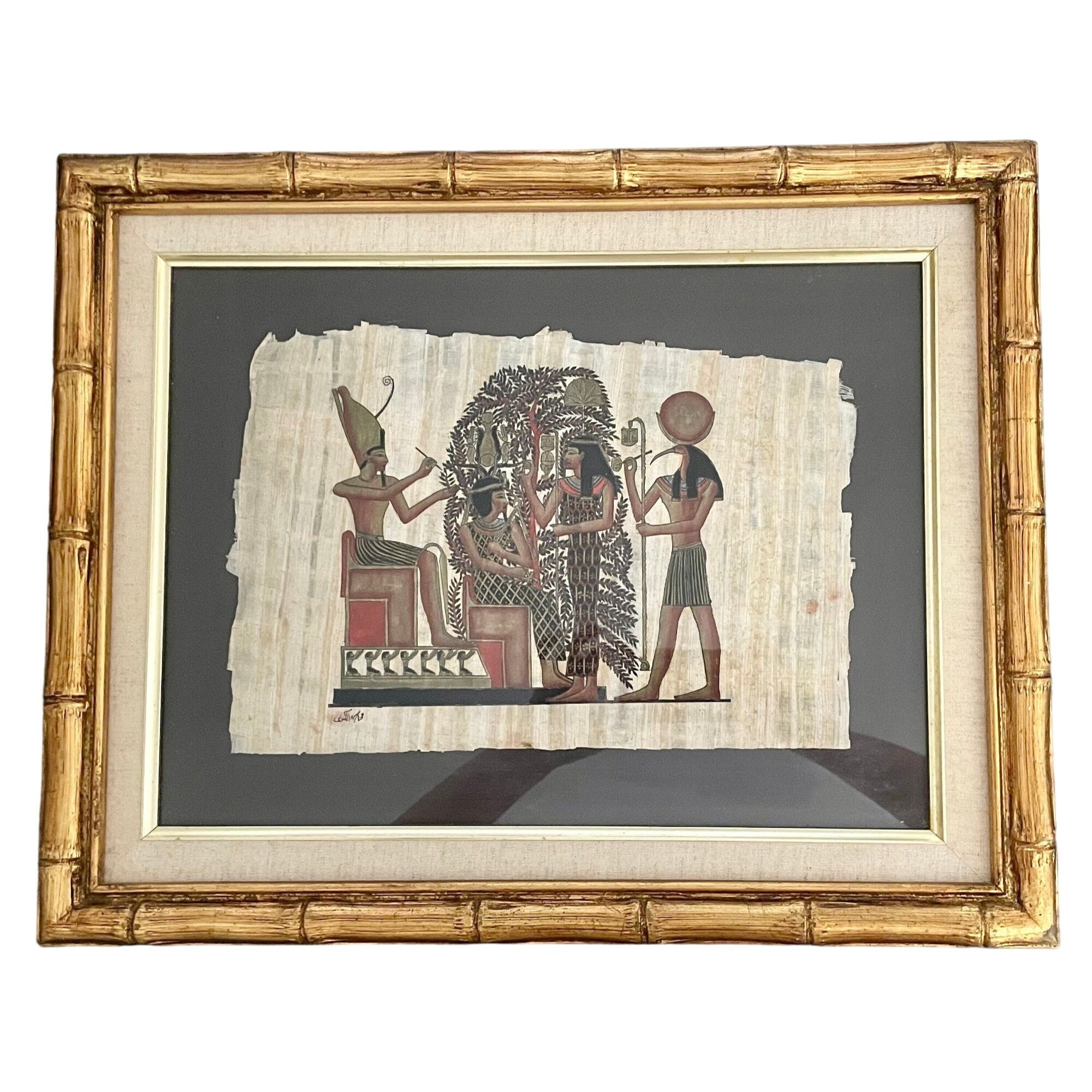 ヴィンテージ手描きエジプトパピルスアート - ゴールドトーンの