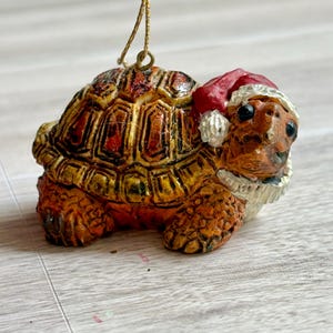 Vintage Tortoise Christmas Ornament 1986 Resin Turtle with Santa Hat Retro Holiday Decor
