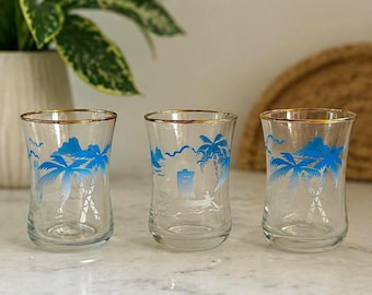 Vintage Tropical Shot Glasses, Set of 3 | Blue Palm Trees & Sailboats | Midcentury Coastal Barware | 2.5”
