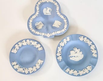 Vintage Wedgwood Jasperware Pale Blue Ashtrays SOLD SEPARATELY Club Shape & Round Midcentury Retro Classical Decor made in England gift.