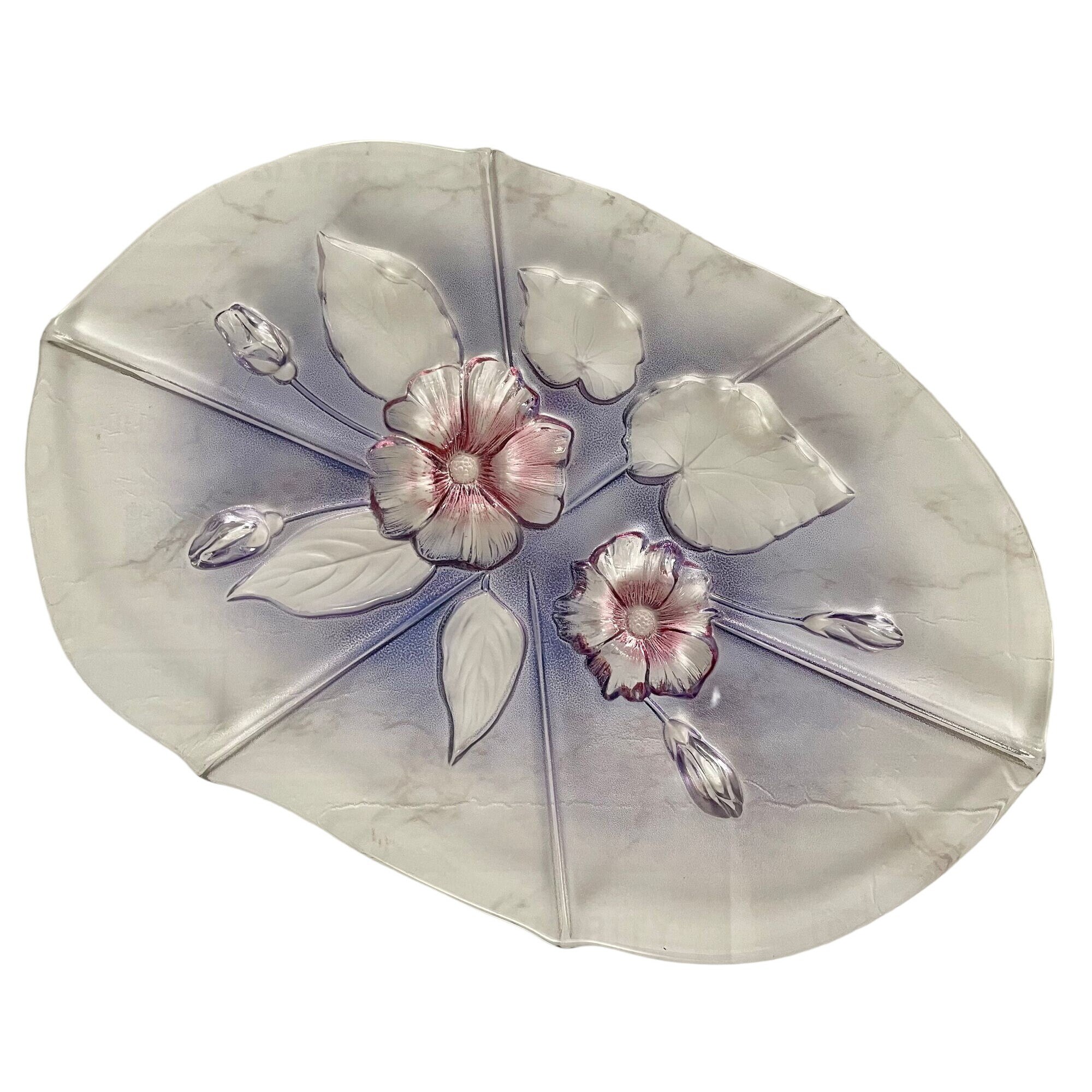Vintage Mikasa Walther Glass Oval Platter – Raised Floral & Leaf 