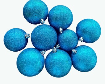 Lot de 9 décorations vintage bleues scintillantes, boules rétro incassables, décoration de Noël bleue scintillante.