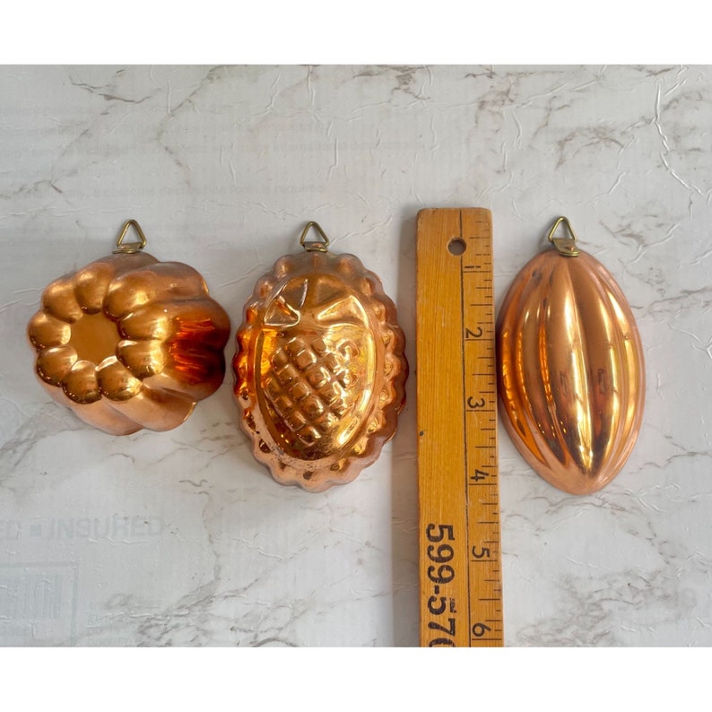 Vintage Copper Molds set of 3 Pineapple Ribbed Decorative Aspic Mold Wall Hangings Farmhouse Country Kitchen Cottage Kitchen decor gift. image 7