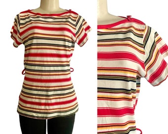 Vintage 1970s Top Tee shirt with Red & Yellow Stripes short Sleeves size L XL MOD 70s fashion women striped top original 1970s fashion gift.