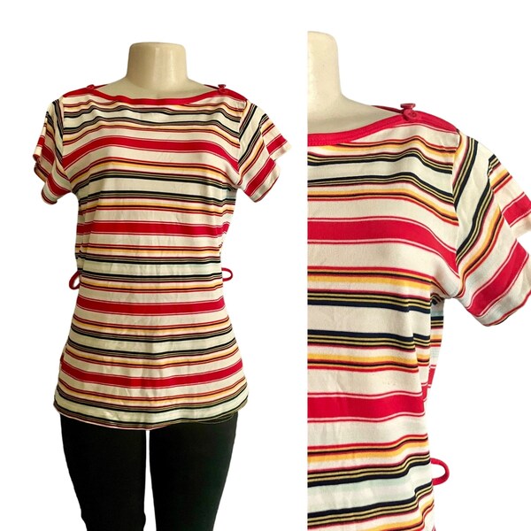 Vintage 1970s Top Tee shirt with Red & Yellow Stripes short Sleeves size L XL MOD 70s fashion women striped top original 1970s fashion gift.