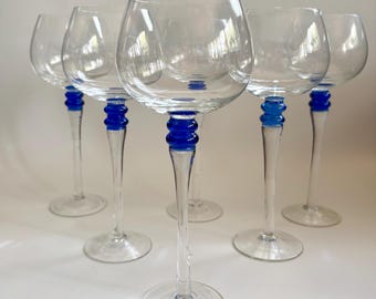 Vintage Wine Glasses with Cobalt Blue Beehive Stem Detail – Set of 6
