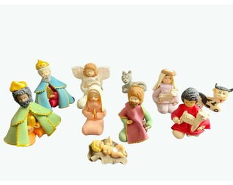 Vintage Nativity Set of 10 figures Polymer Clay 2 inches, Vintage Folk Art hand Made Nativity Scene polymer clay, Catholic Christmas decor.