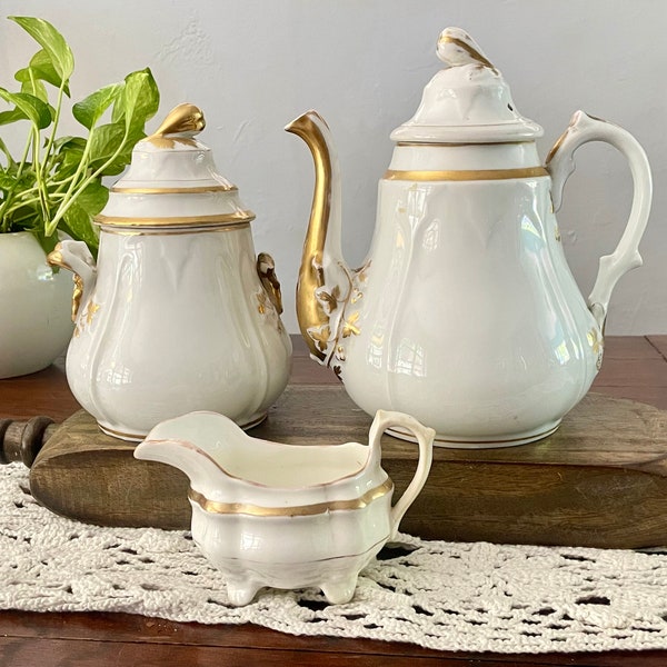 Antique Old Paris Porcelain set Teapot Sucrier & Creamer White with Gold accents XIX 19th Century READ DESCRIPTION Empire tea set 3 pieces.