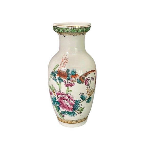 陶磁器製 花瓶 花と鳥の絵柄 鳥と花が描かれたヴィンテージ中国製花瓶 - アジア風装飾磁器瓶 - 高さ