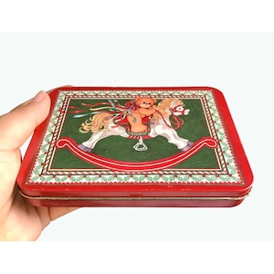 Vintage Christmas Tin Box – Teddy Bear on Rocking Horse – Gift Box, Holiday Decor, Collectible Tin