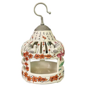 Vintage Chinese Ceramic Bird Cage Candle Holder – Chinoiserie Decor with Brass Hanger – Cherry Blossoms & Dove Motif