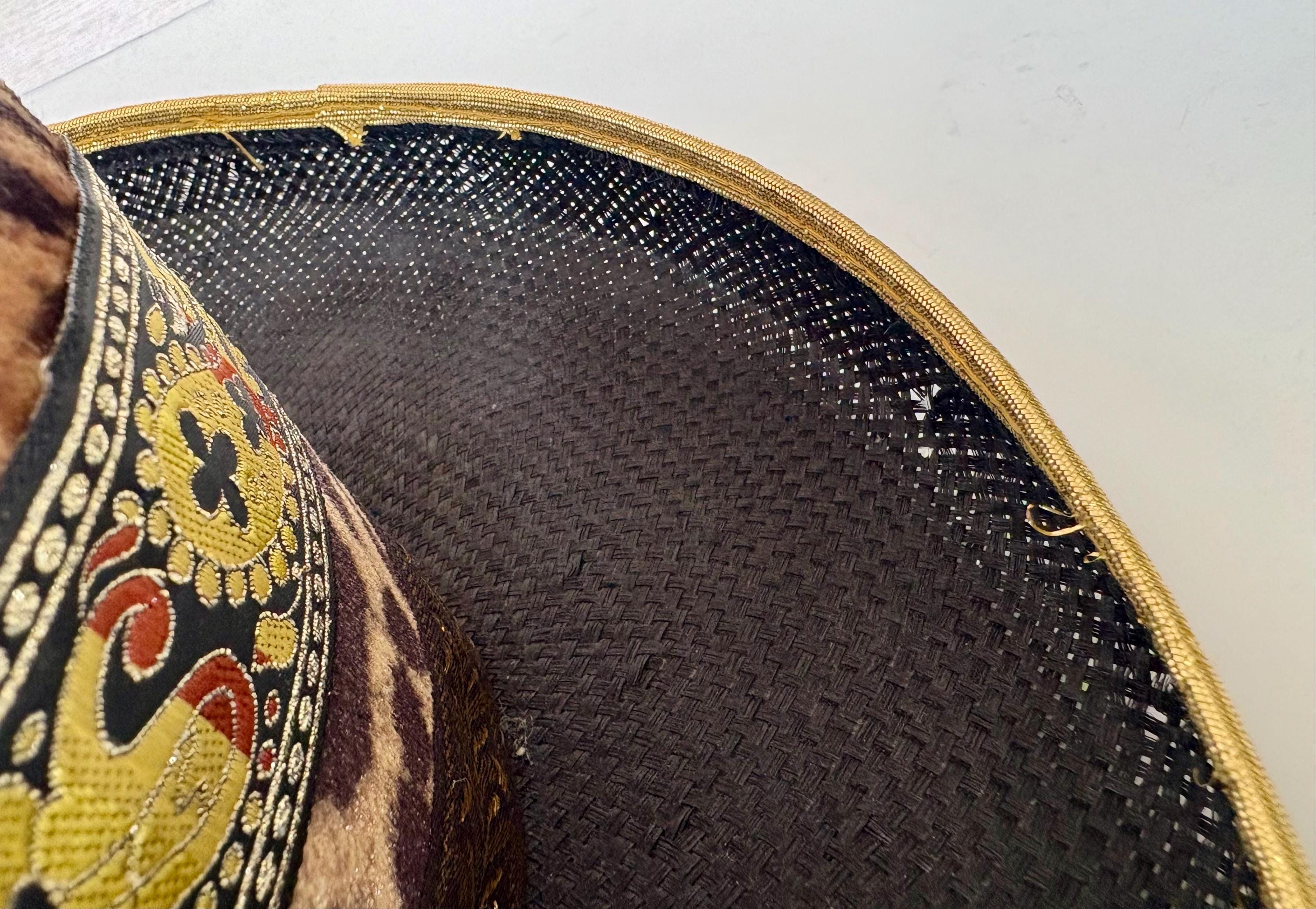 Vintage Whittall & Son Bowlman Hat – Black Straw & Leopard Print Gold Buttons Vintage Whittall & Son Bowlman Hat – Black Straw and Leopard  main image 2