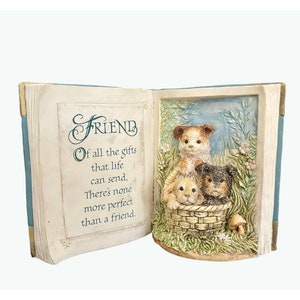 Vintage Open Book Figurine with Puppies – &quot;Of All the Gifts That Life Can Send&quot; Sentiment Quote – Bookend Decor by Summit – Resin