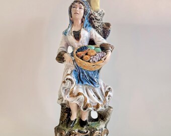 Vintage Italian Ceramic Bottle, Woman with Fruit Basket - Figural Decanter – Candle Holder, Italy – 12.75” Tall