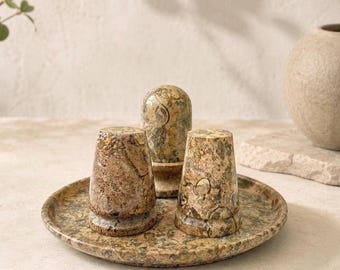 Vintage Fossil Coral Marble Condiment Set | Salt & Pepper Shakers Toothpick Holder Tray | Jurassic Fossil Stone Decor