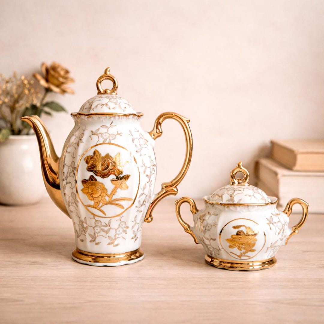 ヴィンテージ磁器製ティーポットセット：金色の花柄デザイン - Etsy 日本