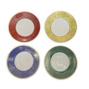 Vintage Saucers by Weimar from GDR in Harmonie pattern set of 4 NO CUPS multicolor & gold midcentury East Germany porcelain teacup plates.
