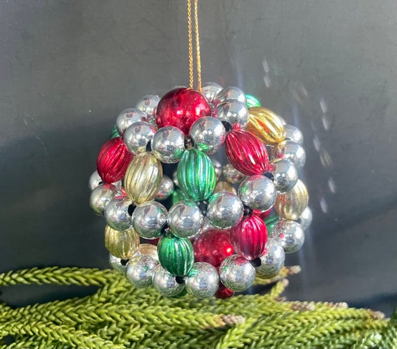 Vintage Beaded Ornament Large in Silver Gold Red Green 3 Large