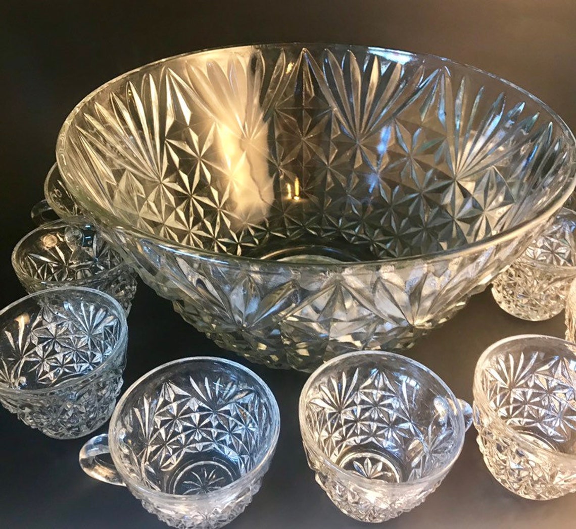 Large Vintage Cut Glass Punch Bowl & 9 Cups Set Anchor Etsy