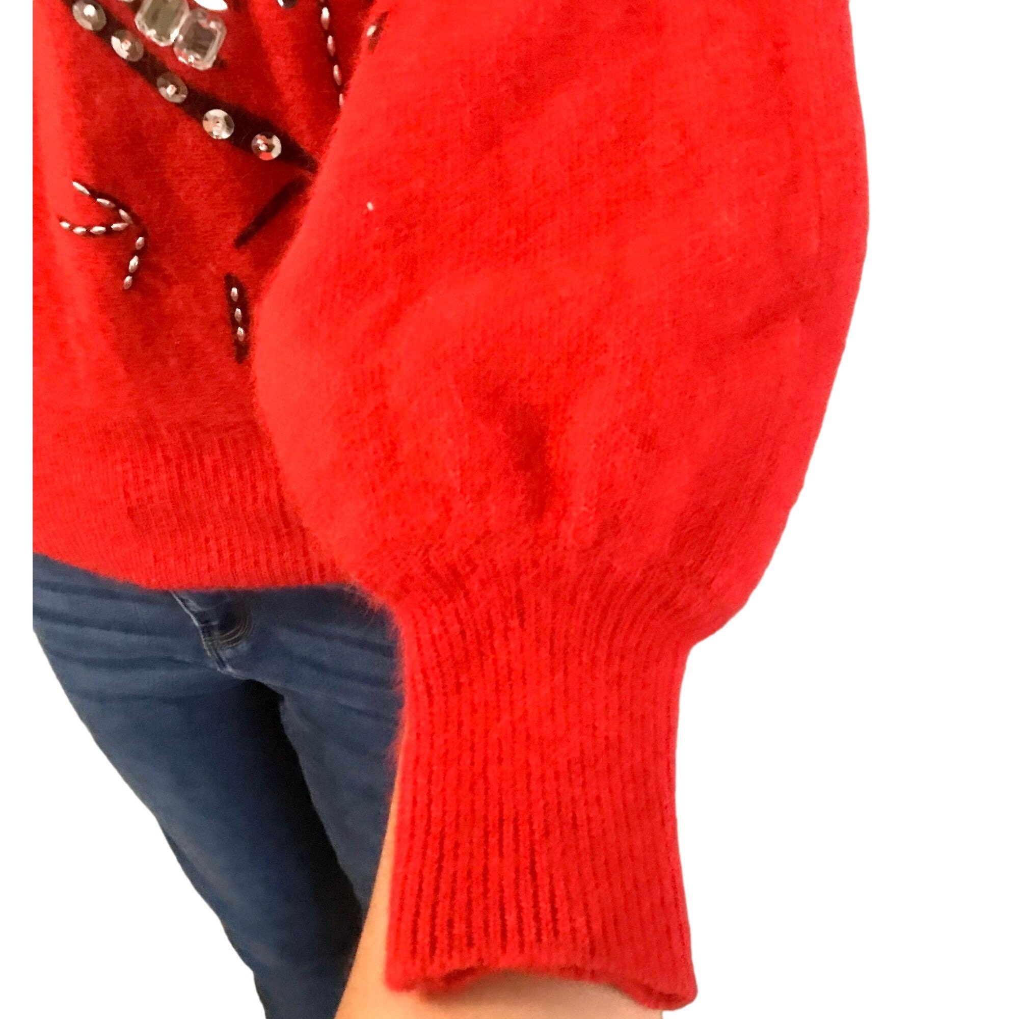 Vintage 1980s Red Lambswool & Angora Sweater – Embellished Graphic 