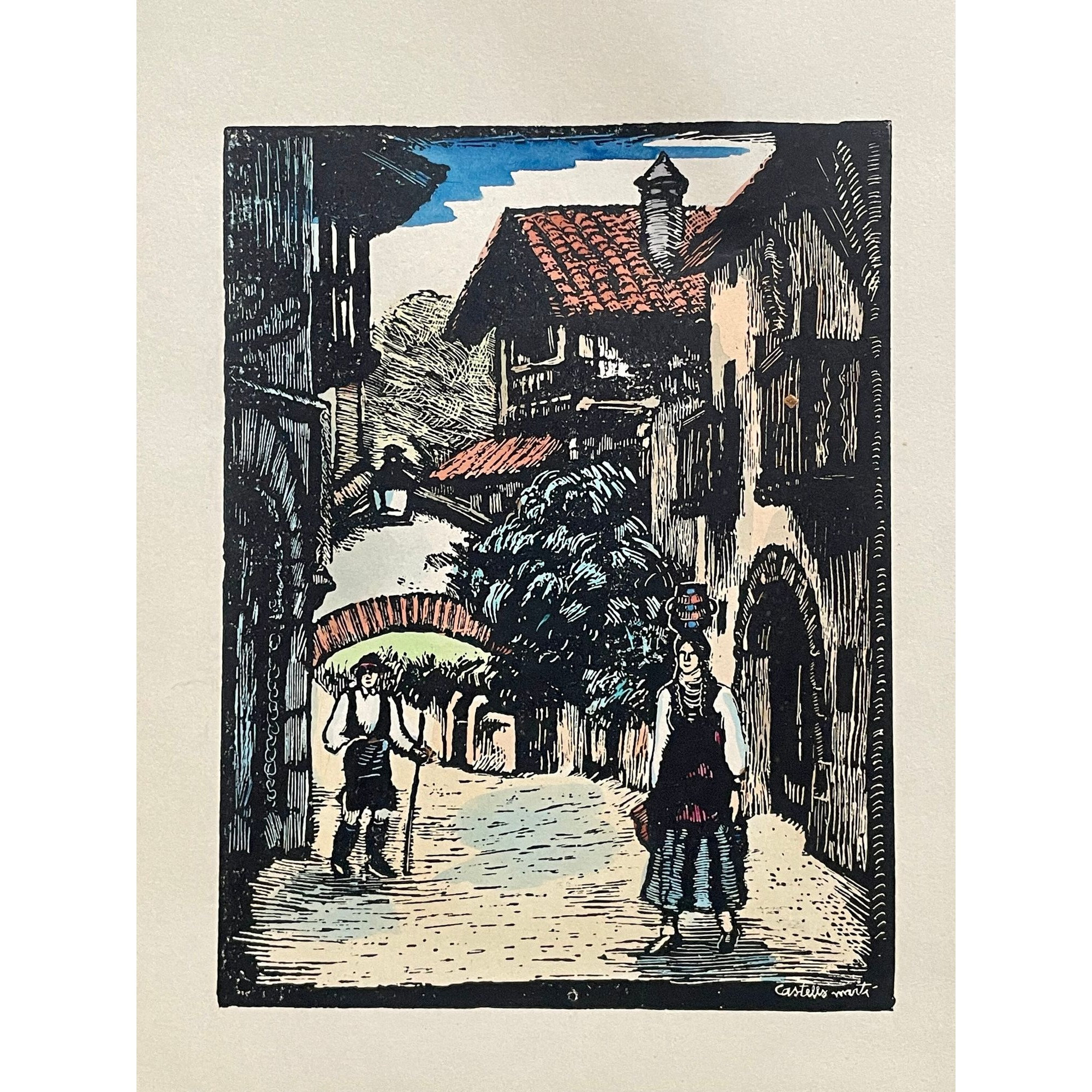 Juan Ferrandiz「Castells」 アートパネル　フェランディス Juan Castells Marti Lithograph – Spanish Artist Woodcut