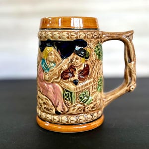 Vintage Beer Stein Tankard Japan – Ceramic Mug with Woman Playing Guitar, Collectible Decor Gift
