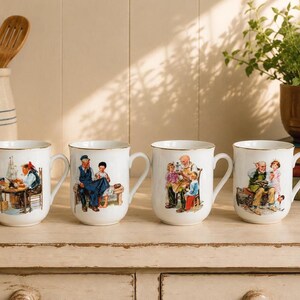 Vintage Norman Rockwell Ceramic Mugs – Set of 4 Scenes image 1