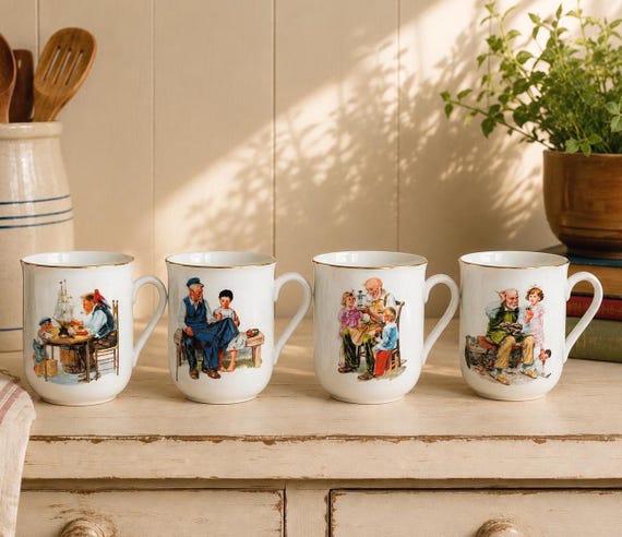 Vintage Norman Rockwell Museum Ceramic Mugs – Set of 4 – The Toy Maker, For a Good Boy, Lighthouse Keeper’s Daughter, Cobbler