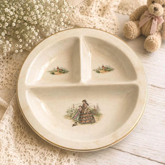 Vintage Keramikteller mit Unterteilung für Babys – Antike Kinderzimmerdekoration