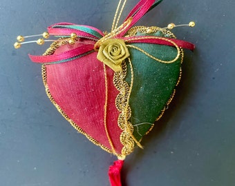 Burgundy & Green Victorian Style Heart Tassel Christmas Ornaments red green gold with rose retro Christmas fabric pincushion heart ornament.