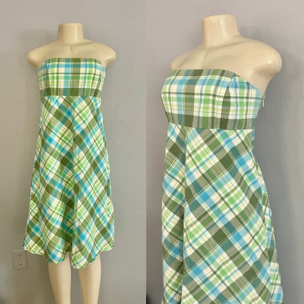 Strapless GAP dress size M Plaid pattern blue & green CHECK Measurements medium retro strapless plaid dress summer Easter.