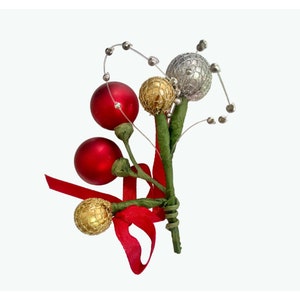 Vintage Christmas Corsage Decoration – Red, Gold & Silver Ornaments with Beads – Holiday Floral Pick or Festive Decor