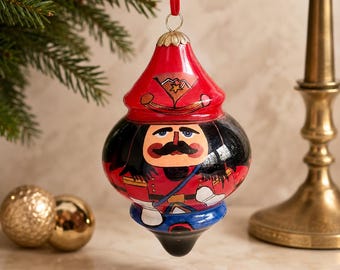 Vintage Pier 1 Li Bien Nutcracker Glass Christmas Ornament - Reverse Hand Painted Blown Glass Holiday Decor