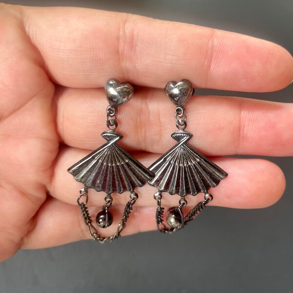 Vintage Dangling Fan Earrings in with heart detail in dark tone pierced ears vintage style fan earrings mothers day gift gift for her.