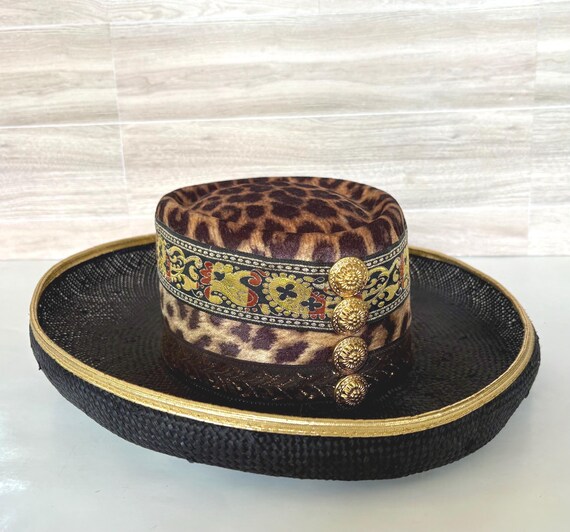 Vintage NEW Whittall & Shon Gold/Black Striped Wide Brim Straw Hat Vintage Whittall & Shon Straw Designer Hat - Etsy main image 3