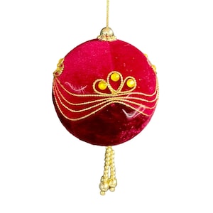 Vintage Red Velvet Ornament Midcentury Christmas decor with gold details, vintage 1960s Chirstmas large velvet ornament gold beads.